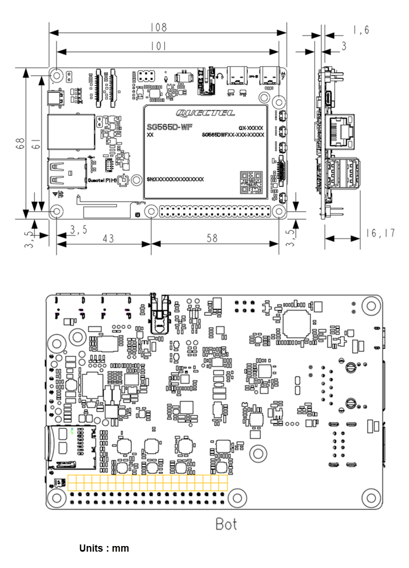 Mechanical Drawing - Quectel Pi H1 Single-Board Computer (SBC)